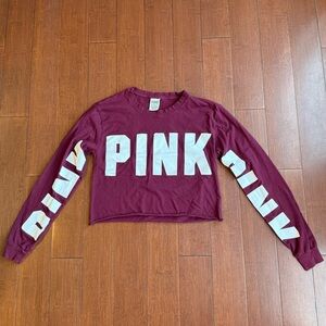 Maroon and White Long Sleeve Victoria’s Secret Pink Crop Top with Bold Lettering